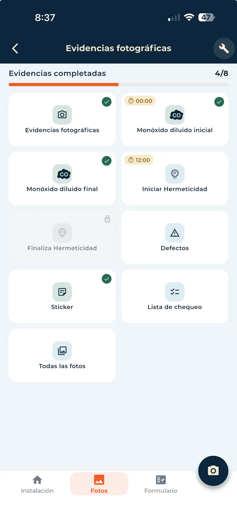 App RETGAS validando evidencias fotográficas y prueba de hermeticidad de una inspección de gas