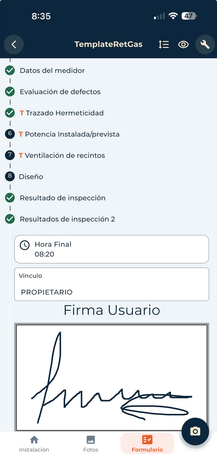 Formulario de inspección de la app RETGAS con captura de firma del usuario