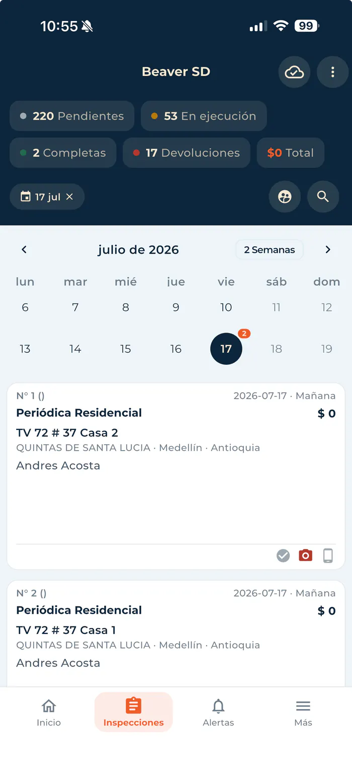 App móvil de RETGAS con la lista de inspecciones del día