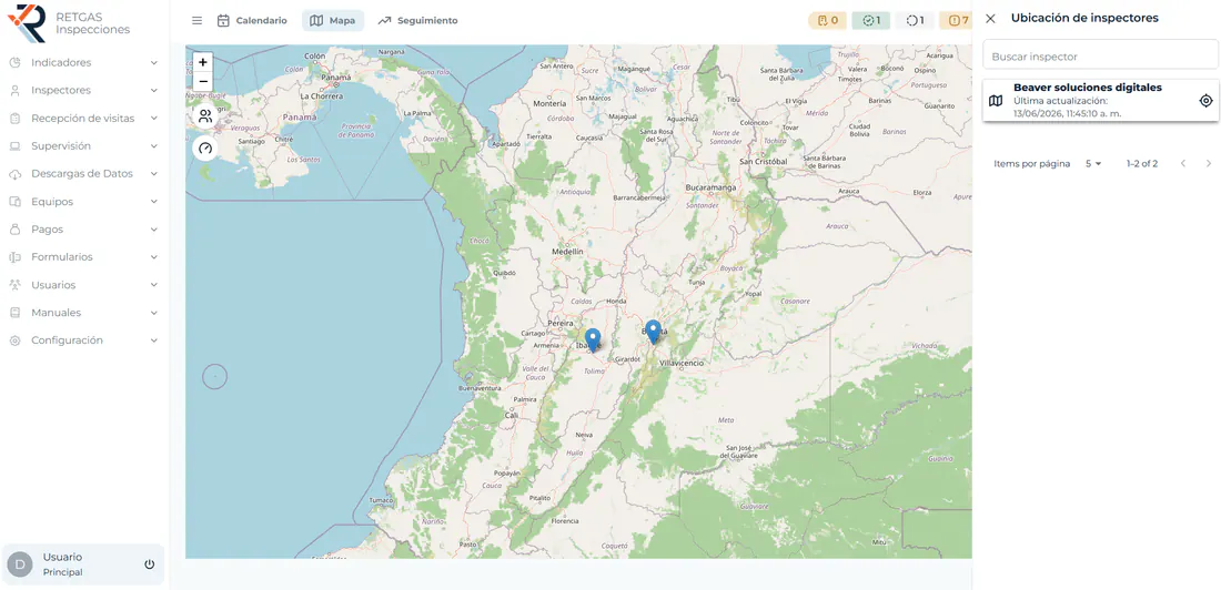 Mapa en vivo de la plataforma web RETGAS con el equipo de inspección